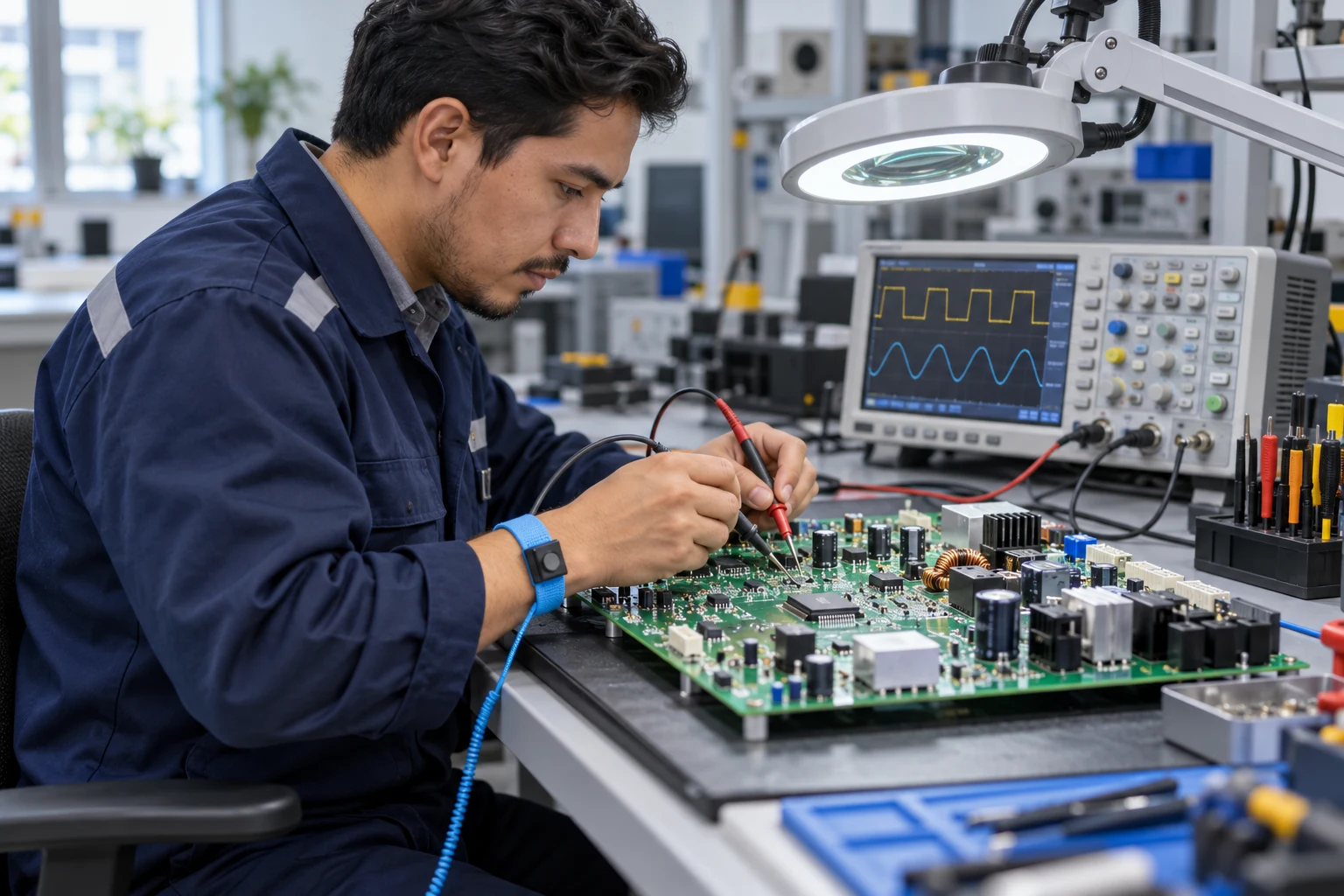Técnico diagnosticando una placa electrónica con osciloscopio
