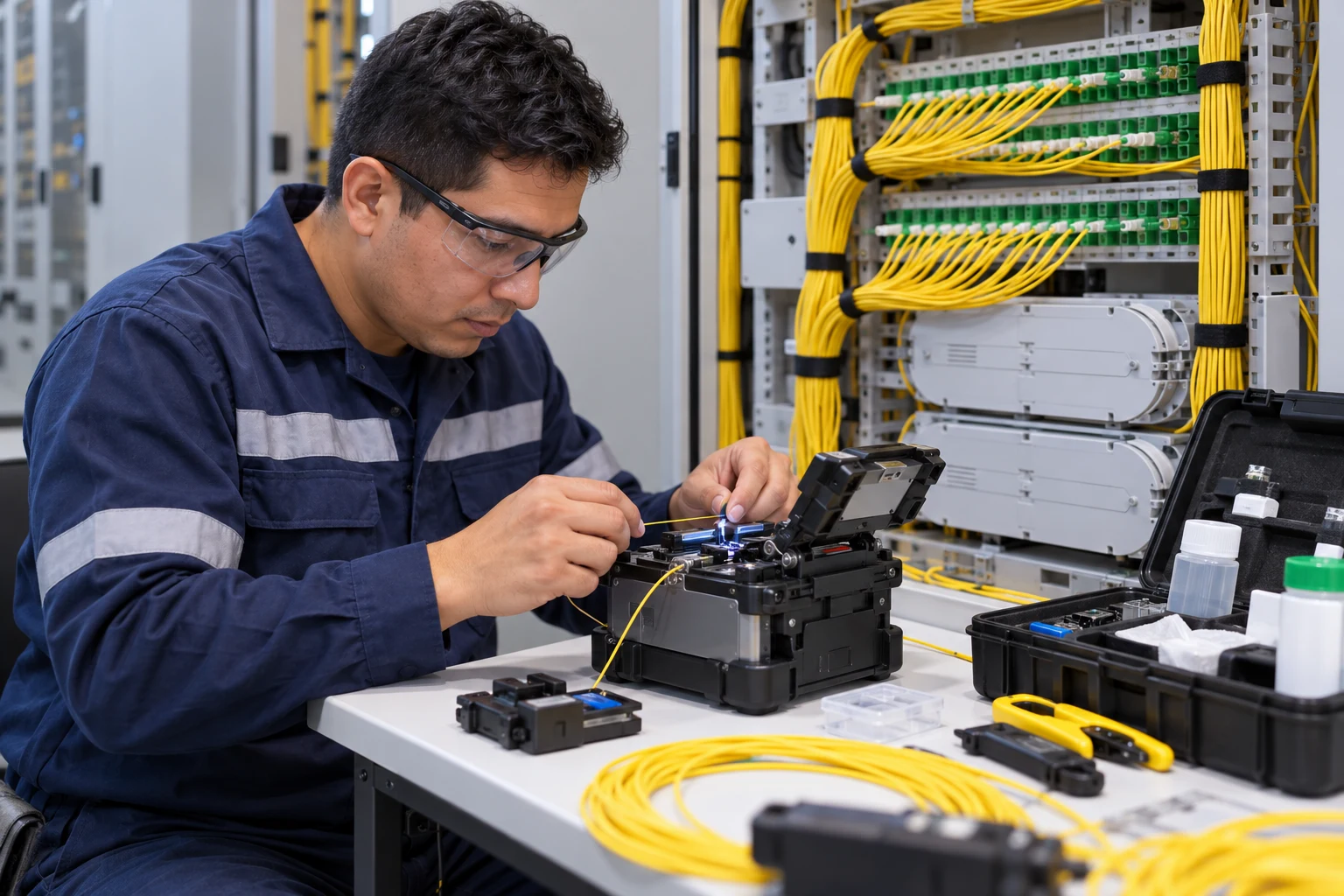 Técnico de telecomunicaciones trabajando con fibra óptica